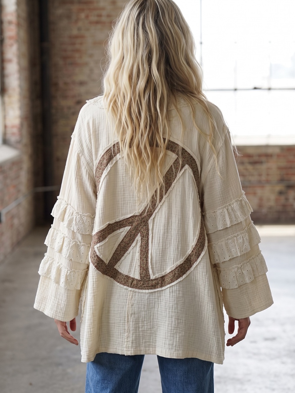 NWT POL Peace Patchwork Boho Ruffle Crochet Eyelet Open Cardigan - Picture 10 of 11